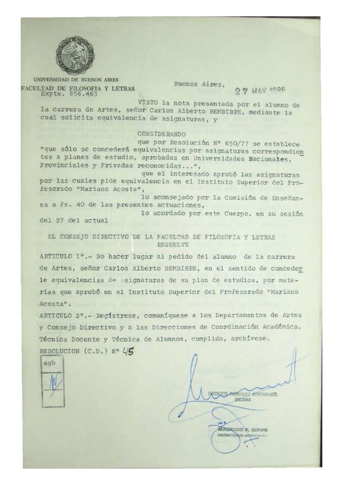 Resolución n°45 del Consejo Directivo del día 27 de mayo de 1986.