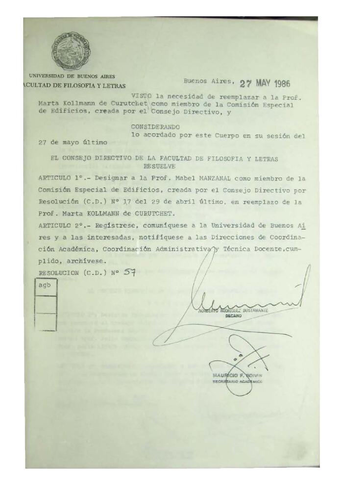 Resolución n°57 del Consejo Directivo del día 27 de mayo de 1986.