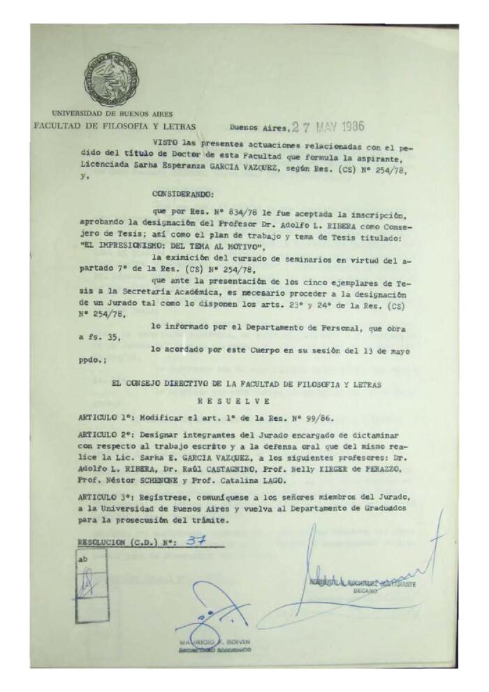 Resolución n°37 del Consejo Directivo del día 27 de mayo de 1986.