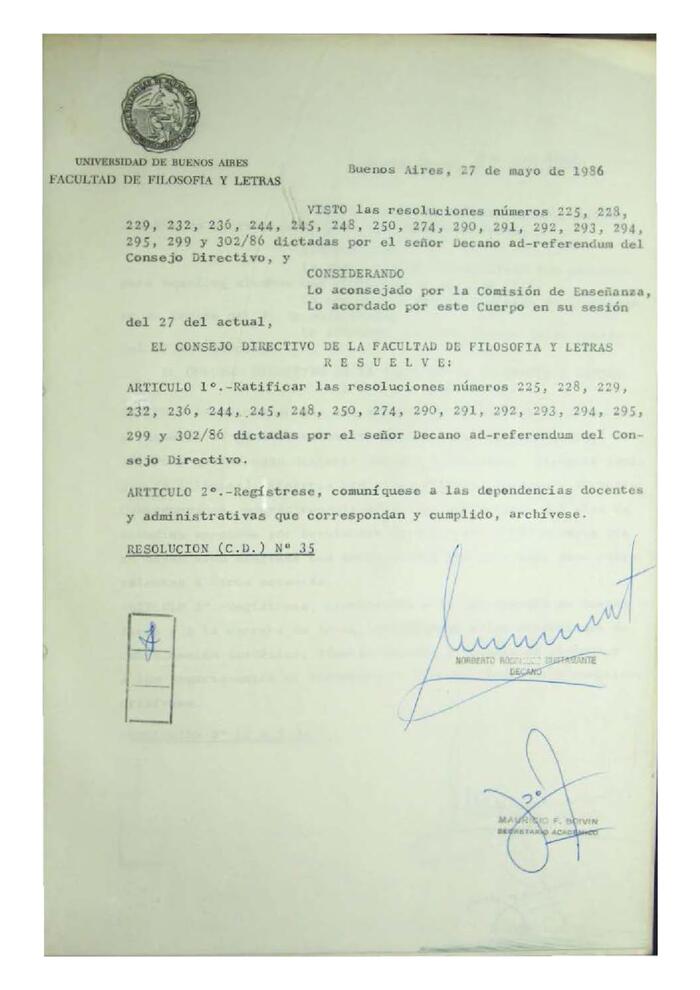 Resolución n°35 del Consejo Directivo del día 27 de mayo de 1986.