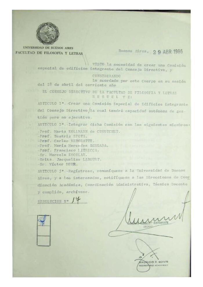 Resolución n°17 del Consejo Directivo del día 29 de abril de 1986.