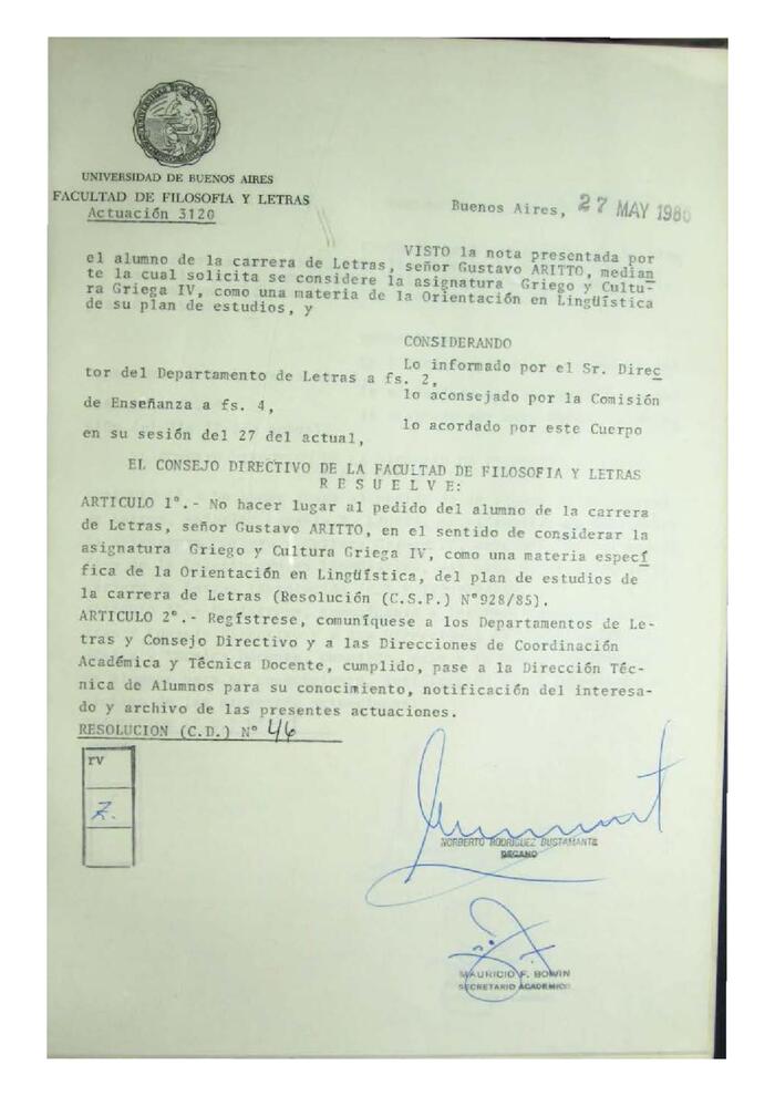 Resolución n°46 del Consejo Directivo del día 27 de mayo de 1986.