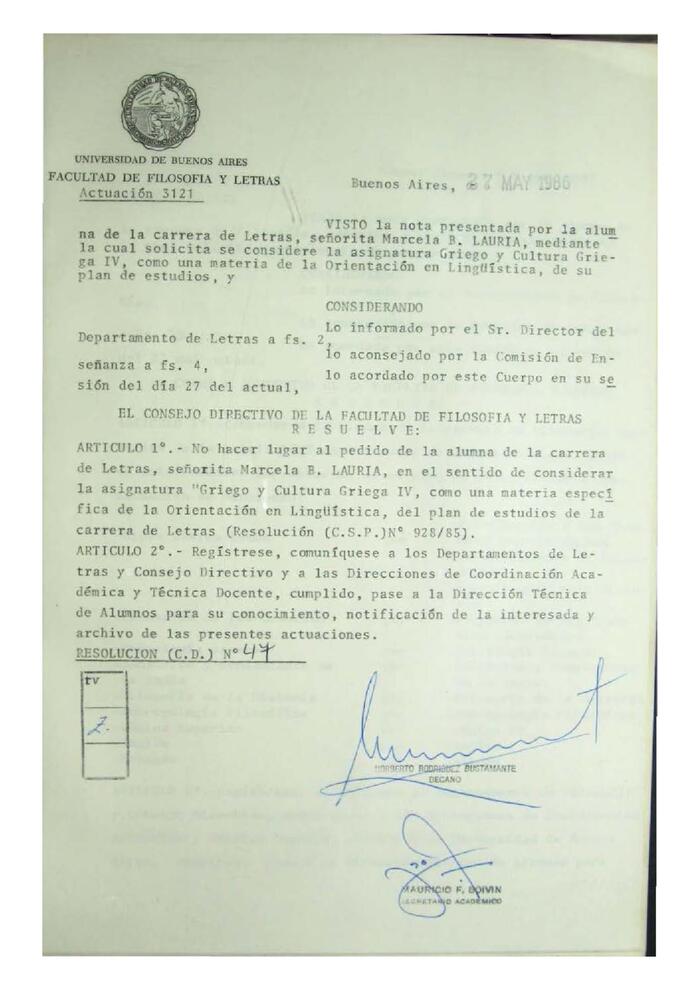Resolución n°47 del Consejo Directivo del día 27 de mayo de 1986.