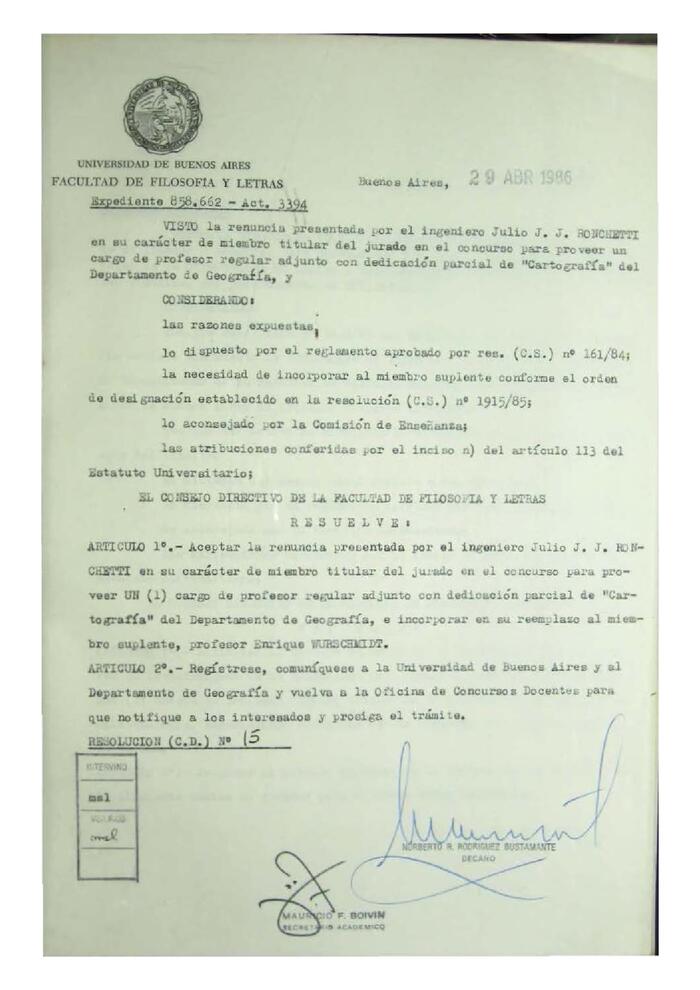 Resolución n°15 del Consejo Directivo del día 29 de abril de 1986.