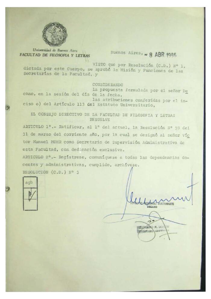 Resolución n°3 del Consejo Directivo del día 9 de abril de 1986