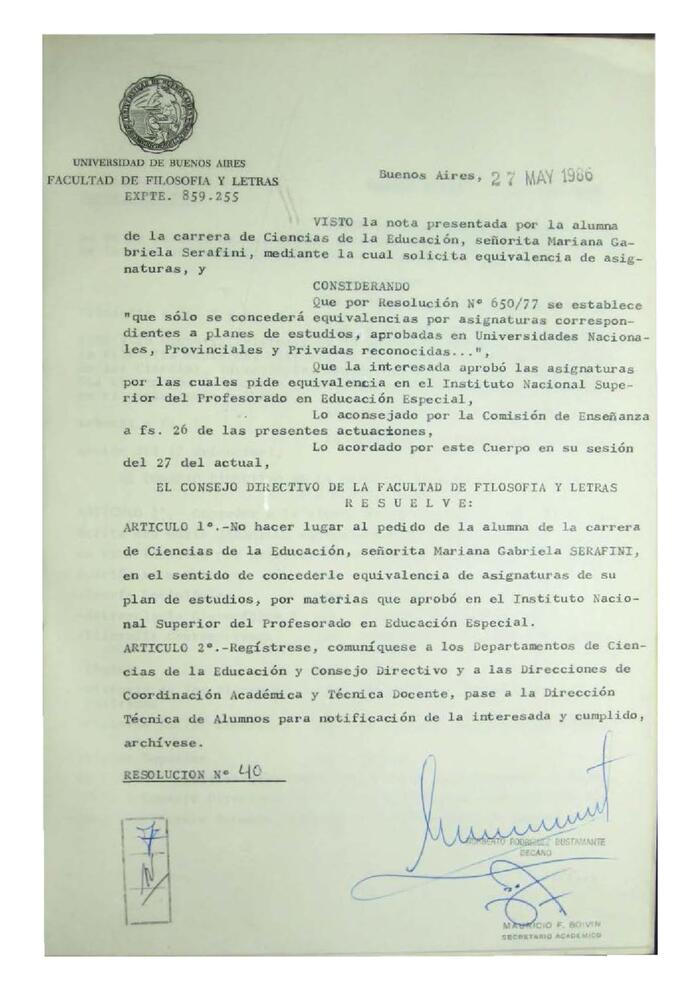 Resolución n°40 del Consejo Directivo del día 27 de mayo de 1986.