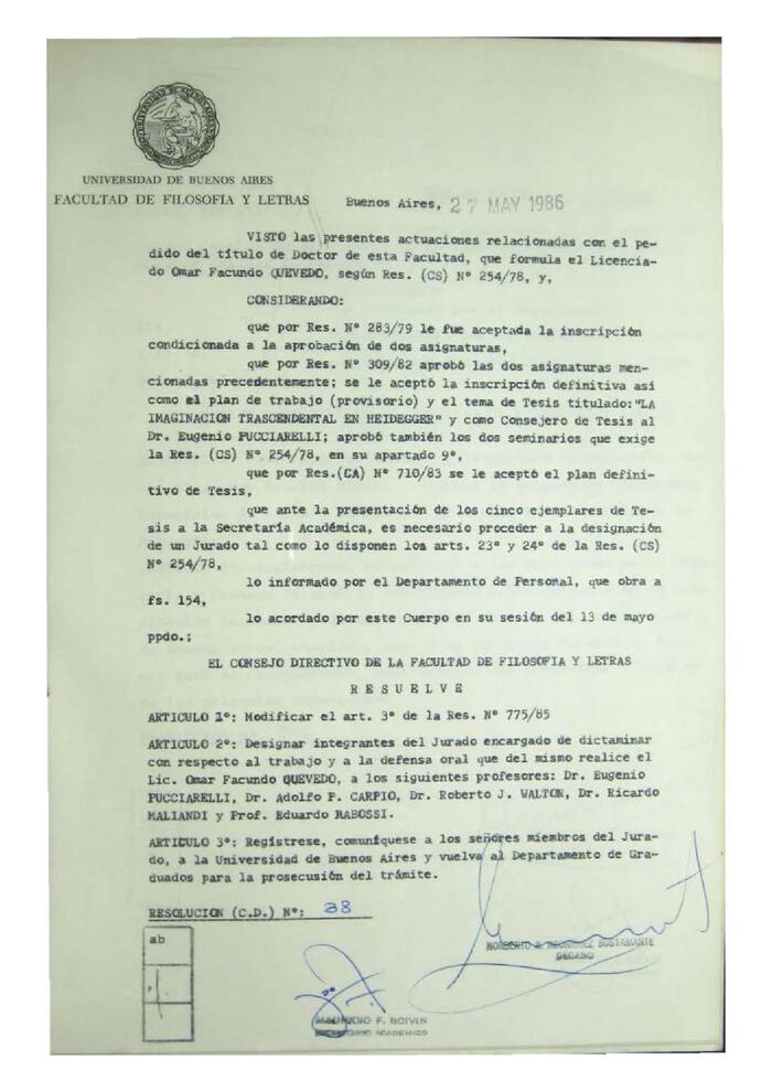 Resolución n°38 del Consejo Directivo del día 27 de mayo de 1986.