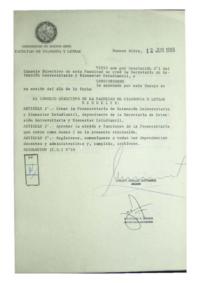 Resolución n°59 del Consejo Directivo del día 12 de junio de 1986.