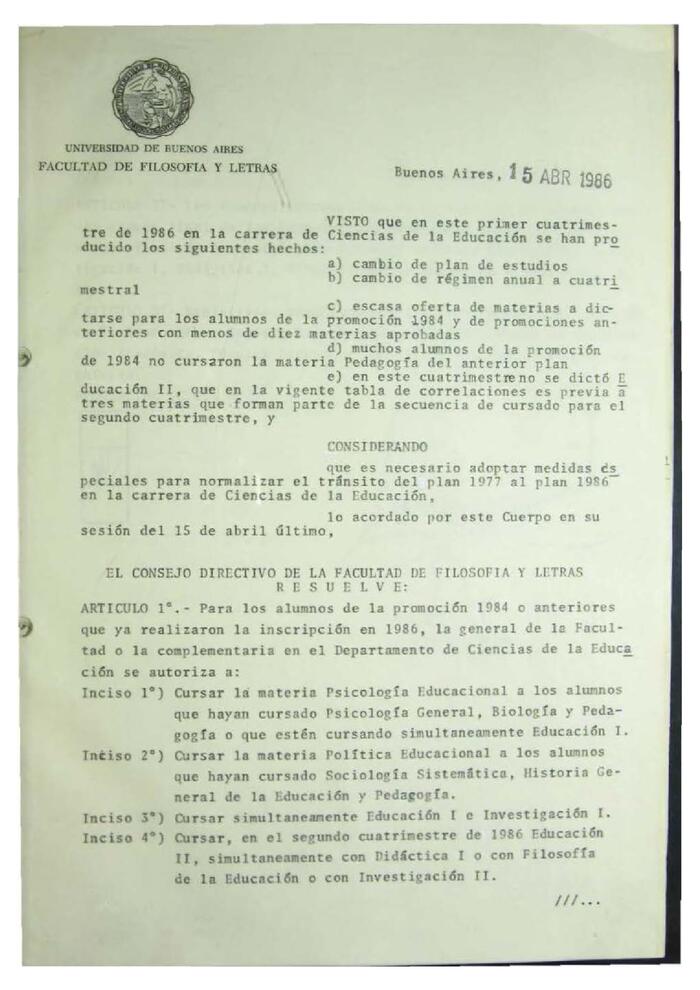 Resolución n°5 del Consejo Directivo del día 15 de abril de 1986
