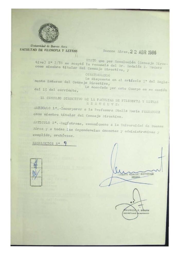 Resolución n°9 del Consejo Directivo del día 22 de abril de 1986