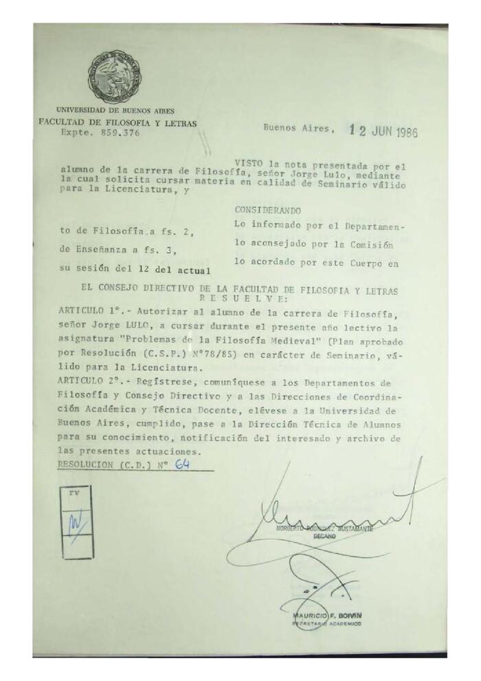 Resolución n°64 del Consejo Directivo del día 12 de junio de 1986.