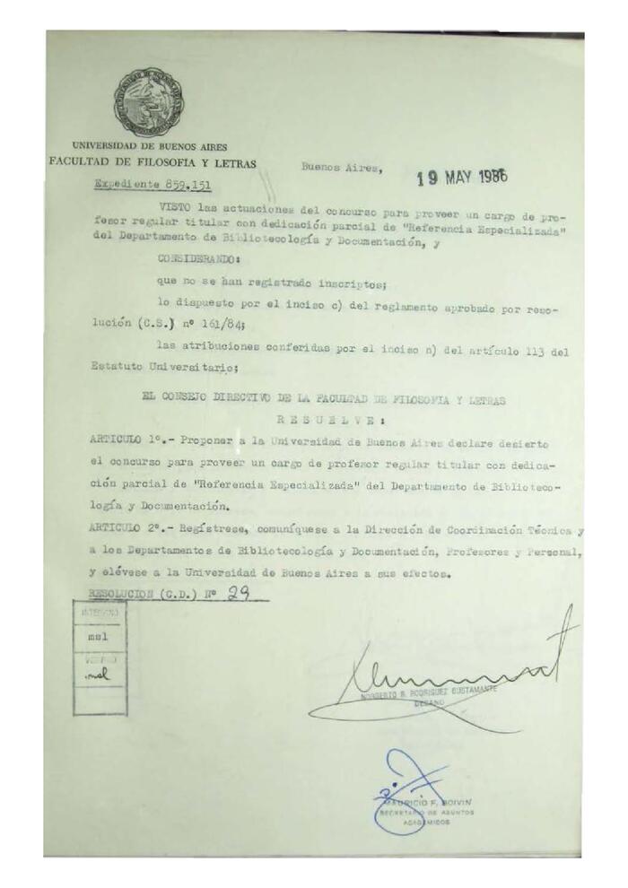 Resolución n°29 del Consejo Directivo del día 19 de mayo de 1986.