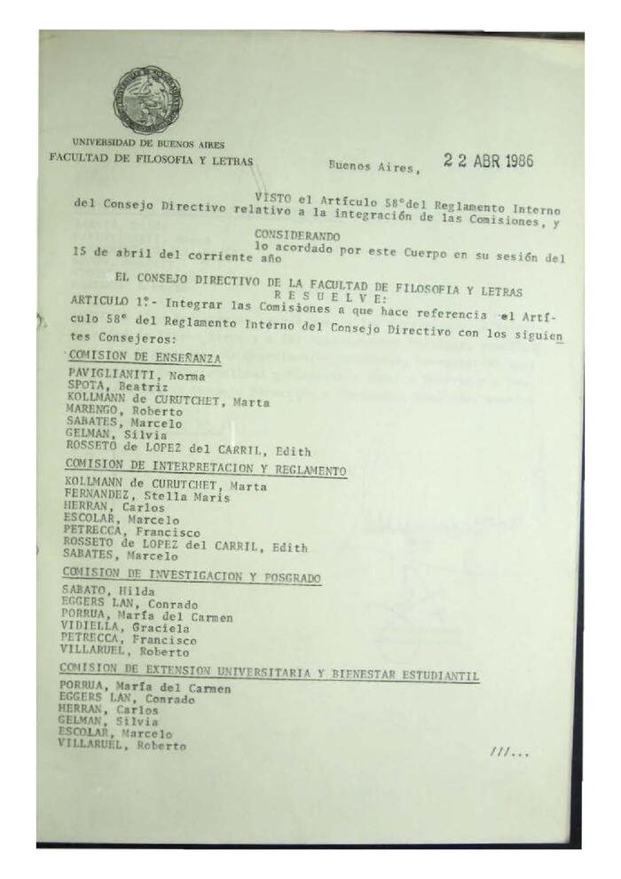 Resolución n°10 del Consejo Directivo del día 22 de abril de 1986