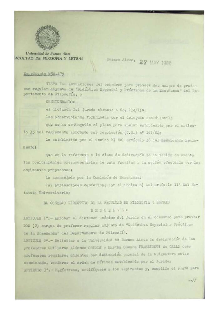 Resolución n°50 del Consejo Directivo del día 27 de mayo de 1986.