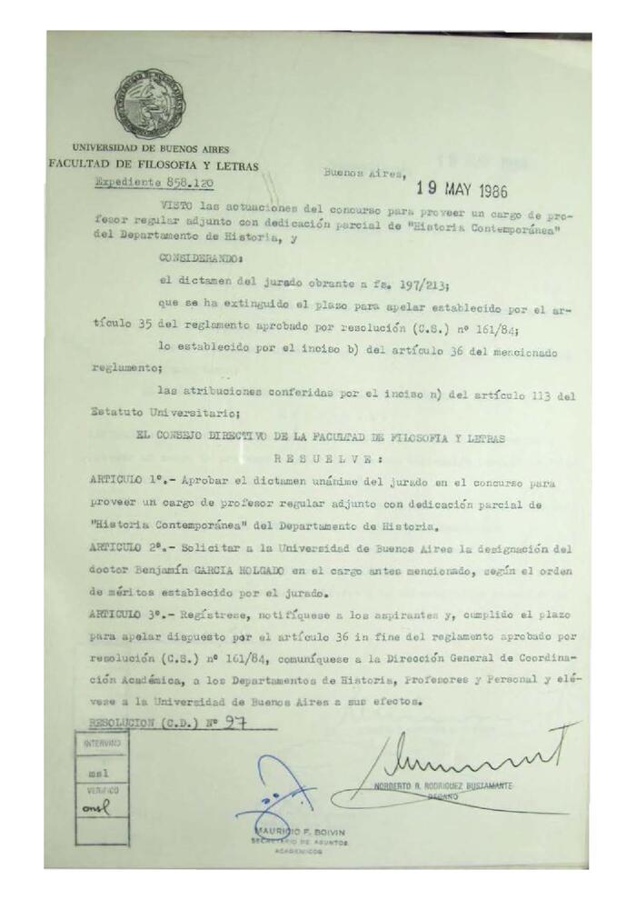 Resolución n°27 del Consejo Directivo del día 19 de mayo de 1986.