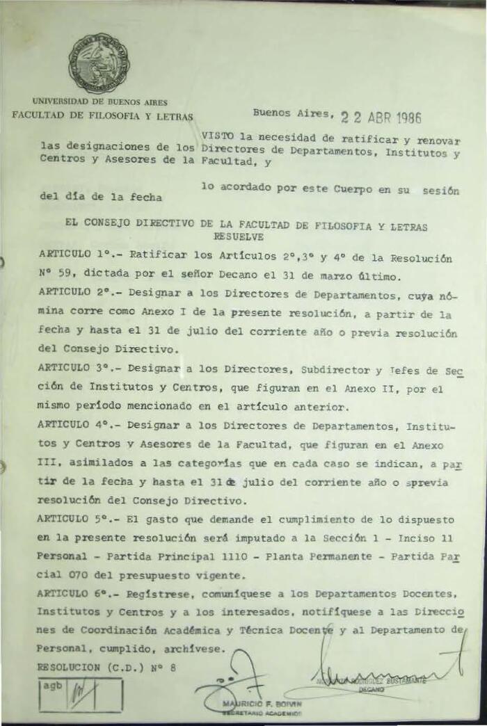 Resolución n°8 del Consejo Directivo del día 22 de abril de 1986