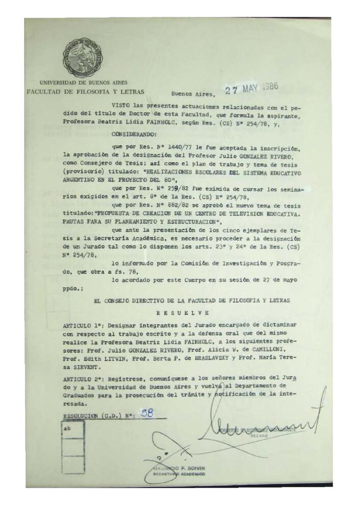 Resolución n°58 del Consejo Directivo del día 27 de mayo de 1986.