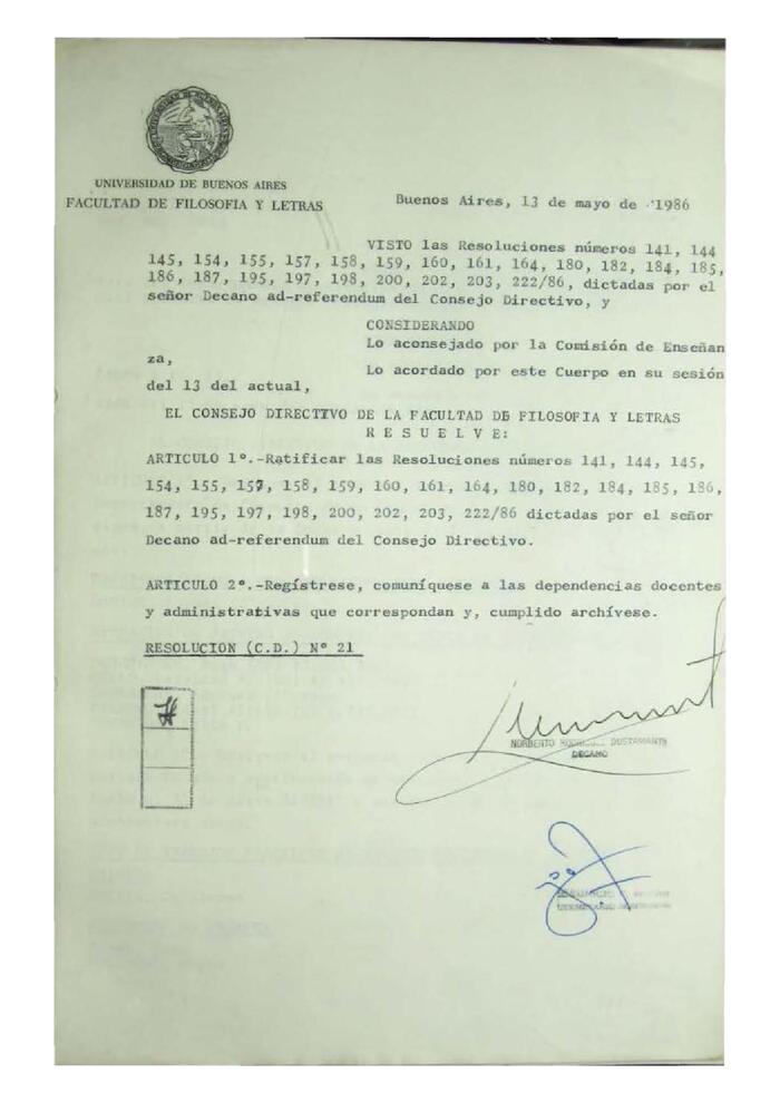 Resolución n°21 del Consejo Directivo del día 13 de mayo de 1986.