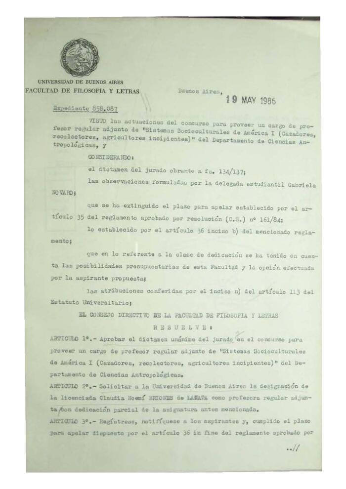 Resolución n°23 del Consejo Directivo del día 19 de mayo de 1986.
