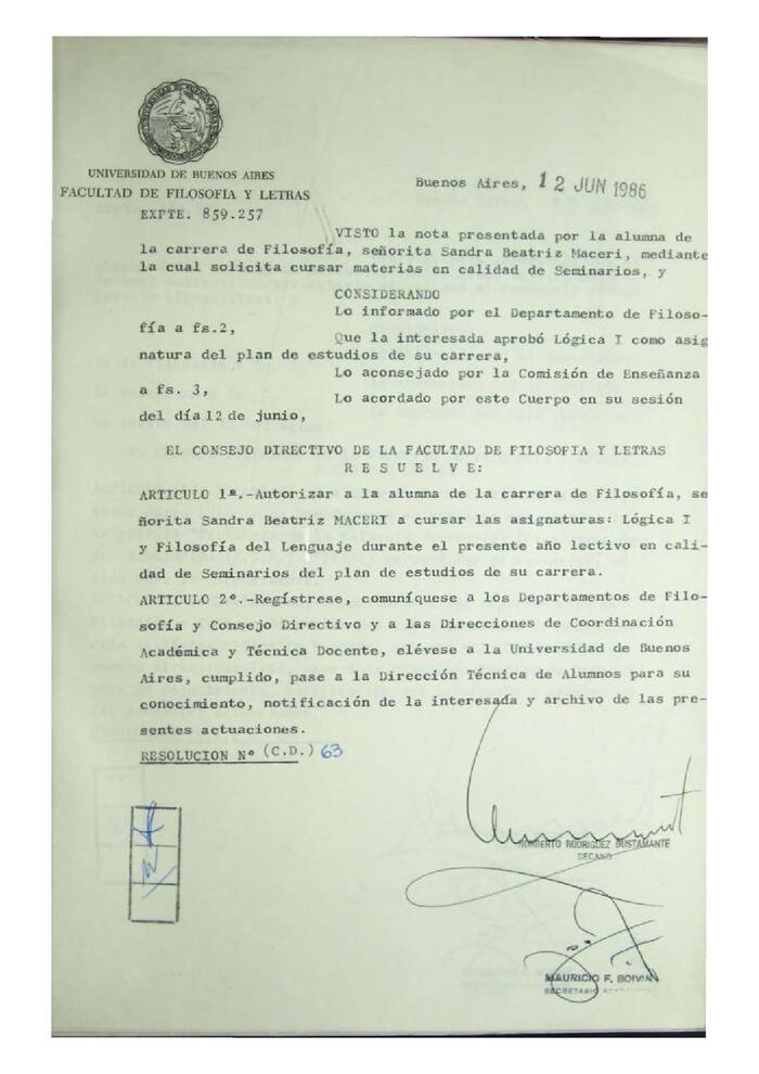 Resolución n°63 del Consejo Directivo del día 12 de junio de 1986.