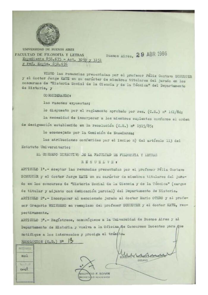 Resolución n°13 del Consejo Directivo del día 29 de abril de 1986.