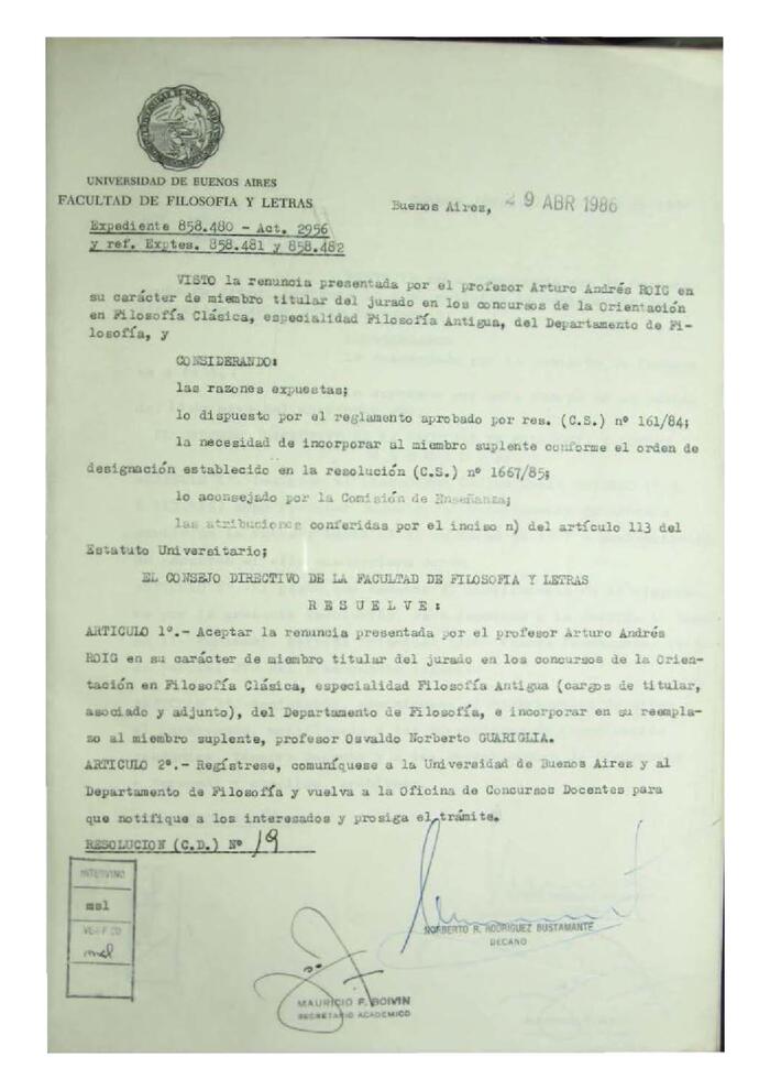 Resolución n°19 del Consejo Directivo del día 29 de abril de 1986.