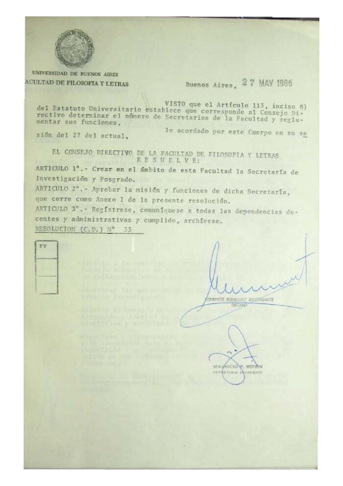 Resolución n°33 del Consejo Directivo del día 27 de mayo de 1986.