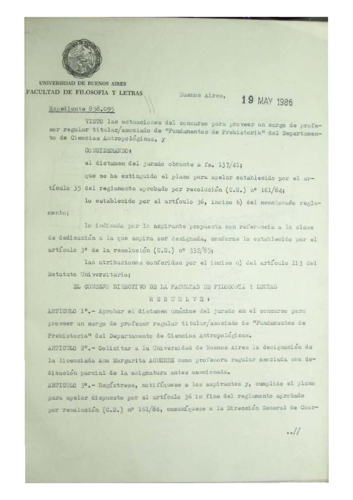 Resolución n°24 del Consejo Directivo del día 19 de mayo de 1986.