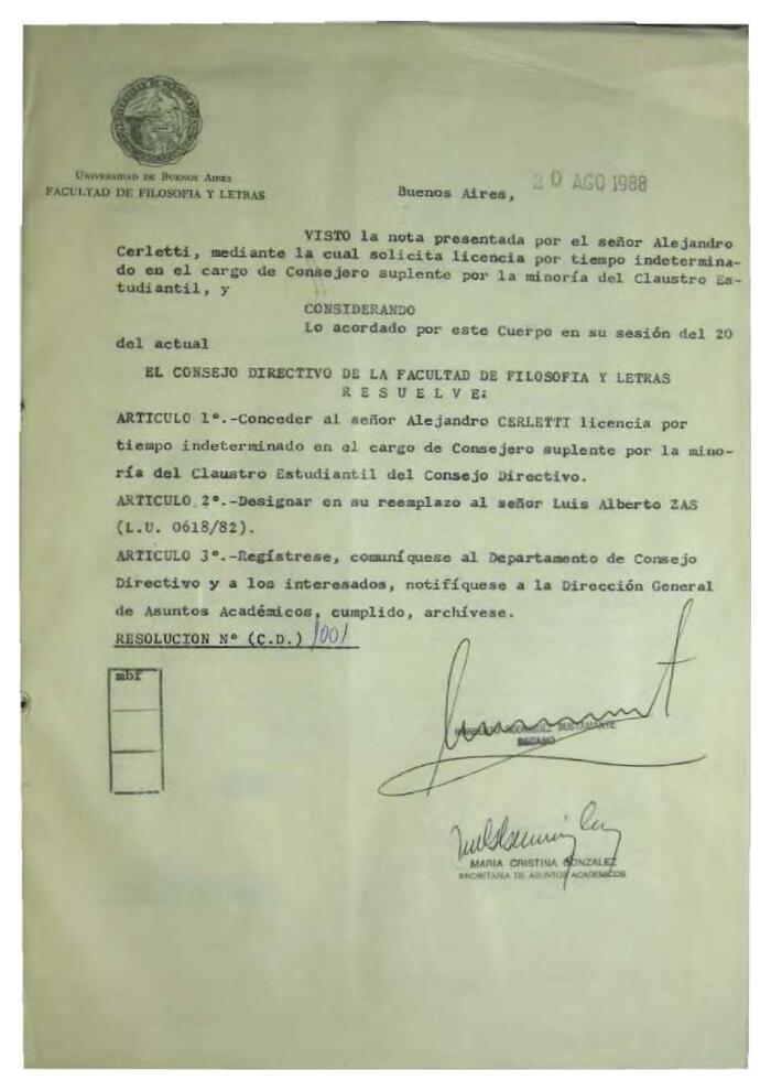Libro de Resoluciones del Consejo Directivo de agosto a octubre de 1988. (Res. 1001-1124)
