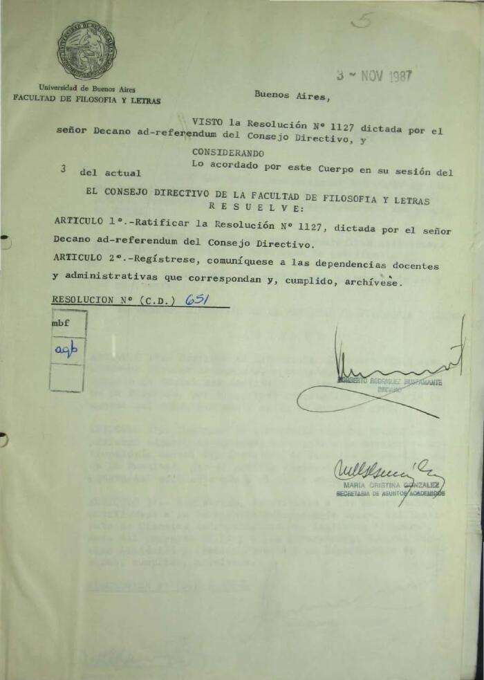 Libro de Resoluciones del Consejo Directivo noviembre de 1987 a marzo de 1988. (Res. 651-750)